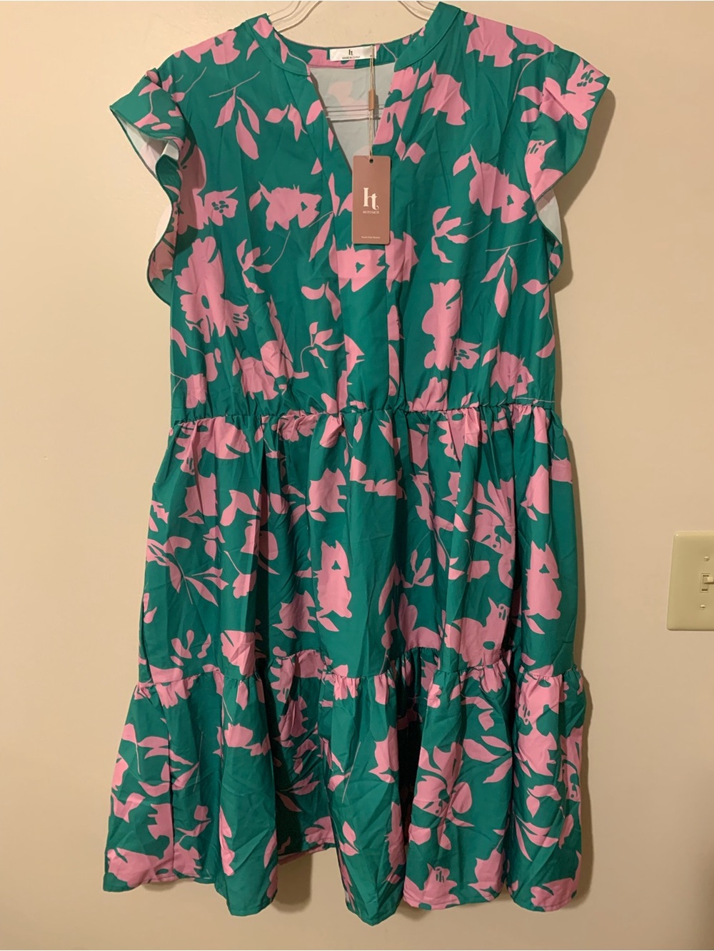HK Green Floral Tiered Casual Dress with Pink Print